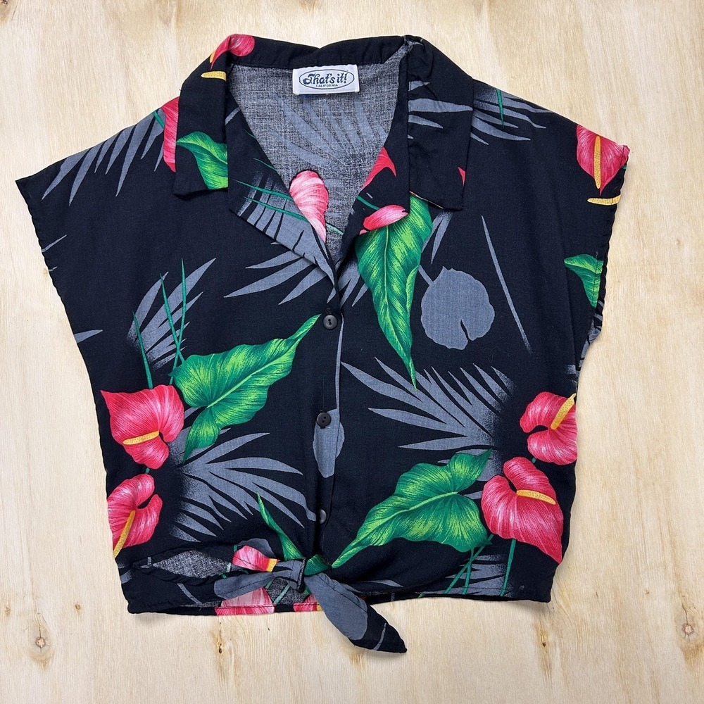 Vintage That's It! Shirt Womens Large Black Hawaiian Floral Button Up Cropped